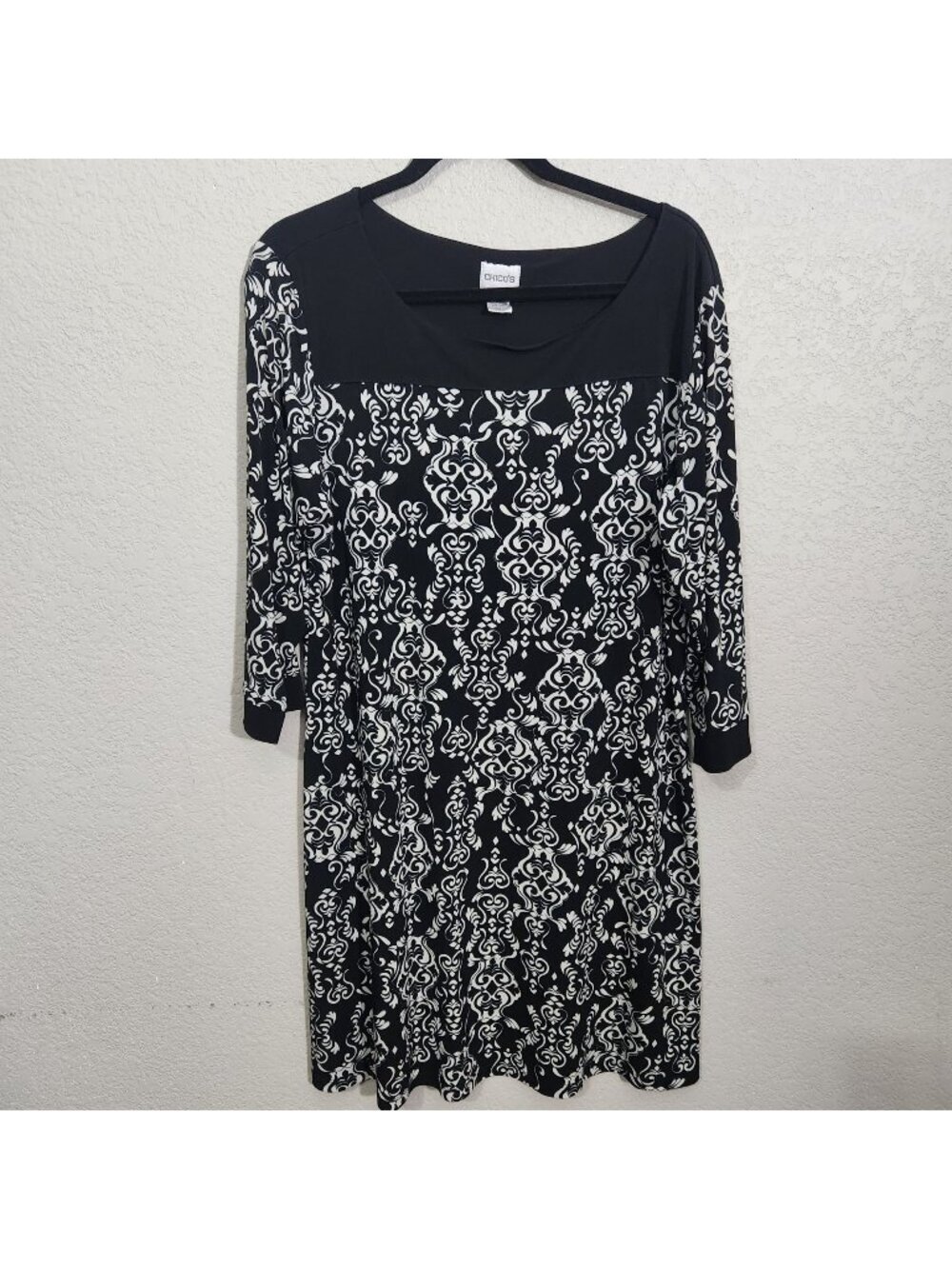 Chicos Dress Size XL Black & White 3/4 Sleeve Damask Pattern